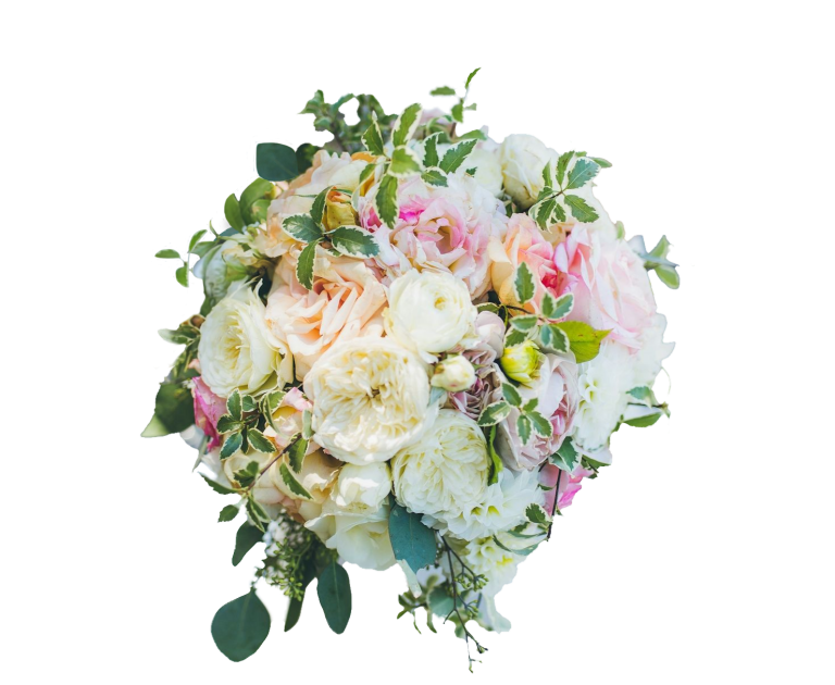 Bunte Blumenarrangement mit Rosen, Eukalyptus und anderen floralen Akzenten.